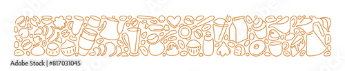 Coffee, tea line banner. Sketch vector background