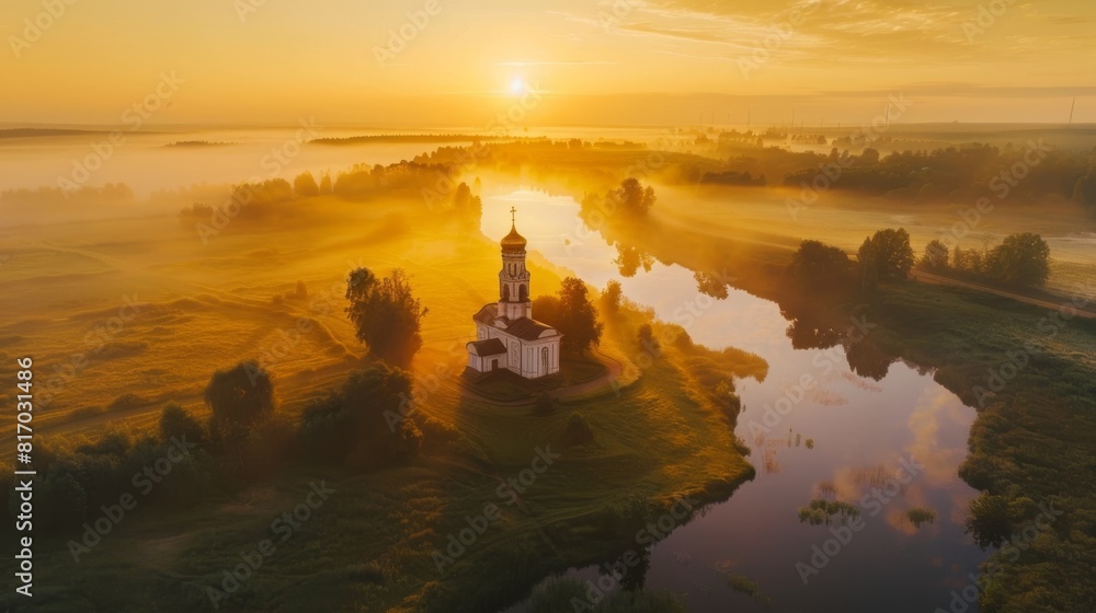 Quadcopter view of Church of the Intercession, Bogolyubovo, on a cloudy August morning.