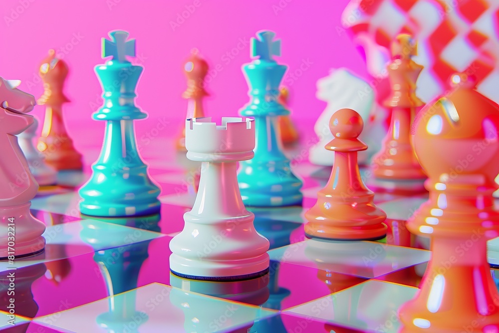 A row of chess pieces are arranged on a colorful background A row of chess pieces are arranged on a colorful background