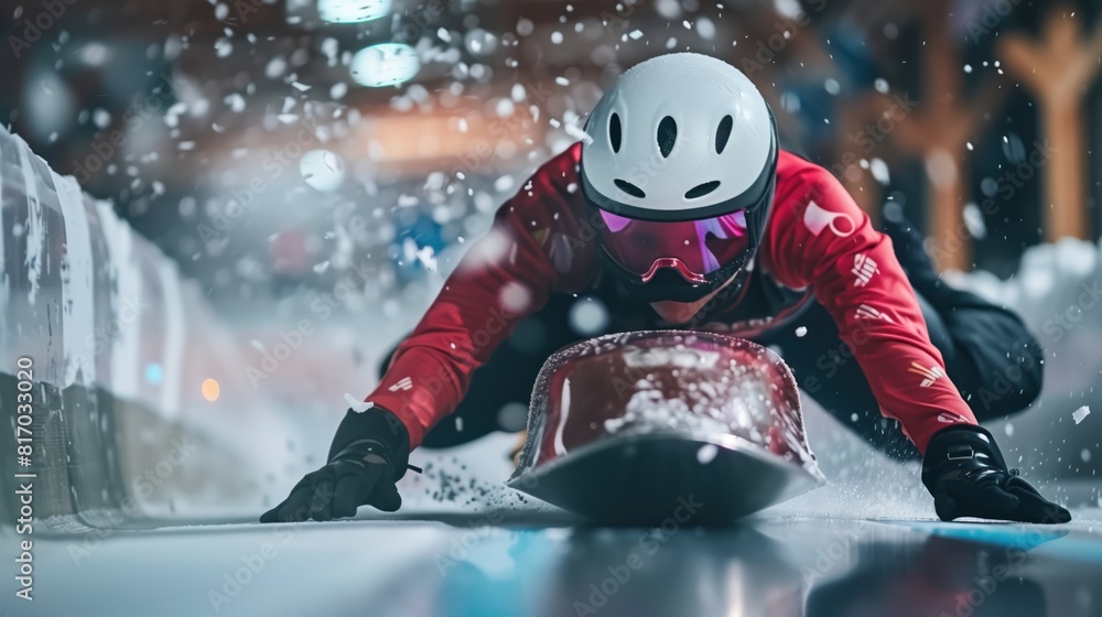 Fototapeta premium White woman practicing skeleton sliding sport, person is focused and enjoying the sport, sports photography, generative ai.
