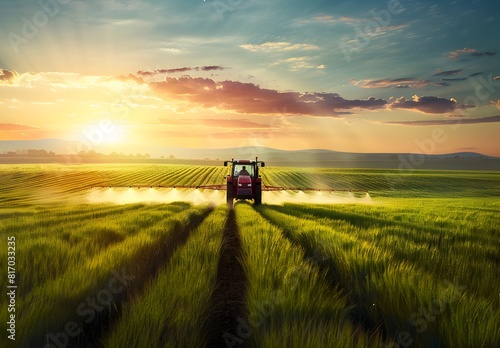 Tractor Spraying Chemicals on Lush Green Crops in Panoramic Sunset Landscape