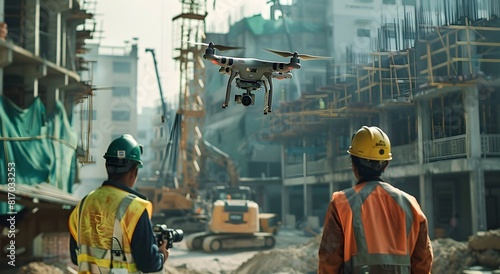 Drone Monitoring Modern Industrial Construction Site with Workers Wearing Safety Gear