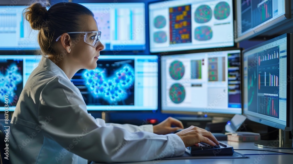 A scientist working at a computer in a lab, surrounded by multiple screens displaying scientific data and molecular structures. A scientist working at a computer in a lab, surrounded by multiple screens displaying scientific data and molecular structures.