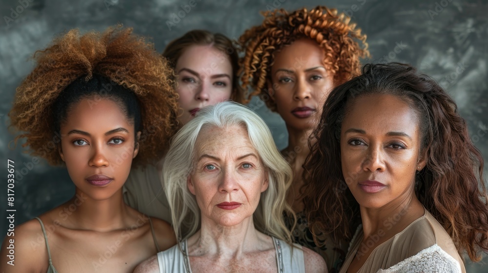 Obraz premium Portrait of young and mature multiracial women, focus on generational diversity, theme of womanhood, hyper-realistic, Composite, textured grey backdrop