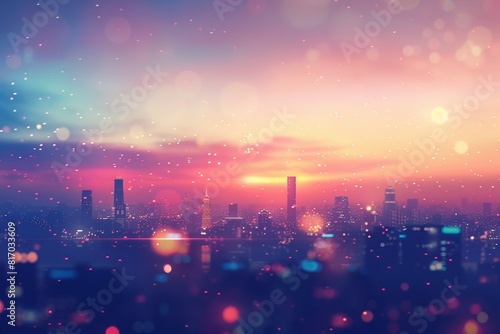 A city skyline at sunset with a bright colorful sun in the sky