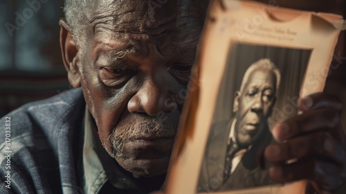 Senior black man viewing a cherished old photo of himself, close up on contemplative expression, concept of memory, hyper-realistic, Manipulation, vintage setting backdrop
