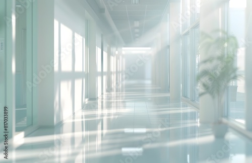 Blurred Hallway of a Bright and Airy Hospital Interior with Panoramic Windows