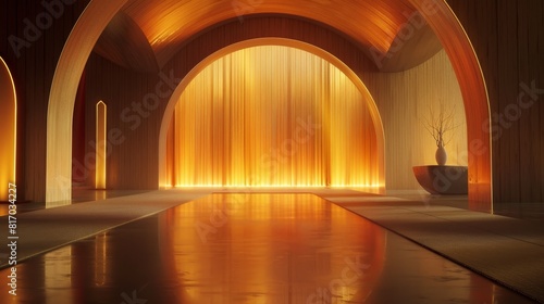 Studio interior featuring golden arches with ambient lighting  focus on architectural harmony  concept of serene design  ethereal  Multilayer  tranquil retreat backdrop