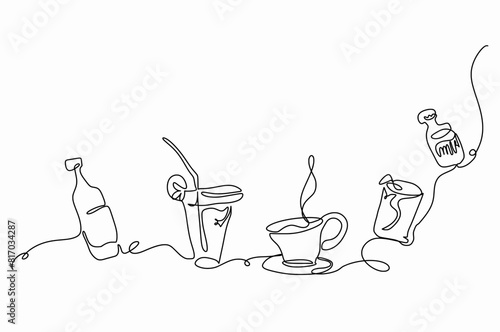 Continuous one line of Drinks and Cup isolated on white background, Cartoon hand drawn, Vector Illustration 
