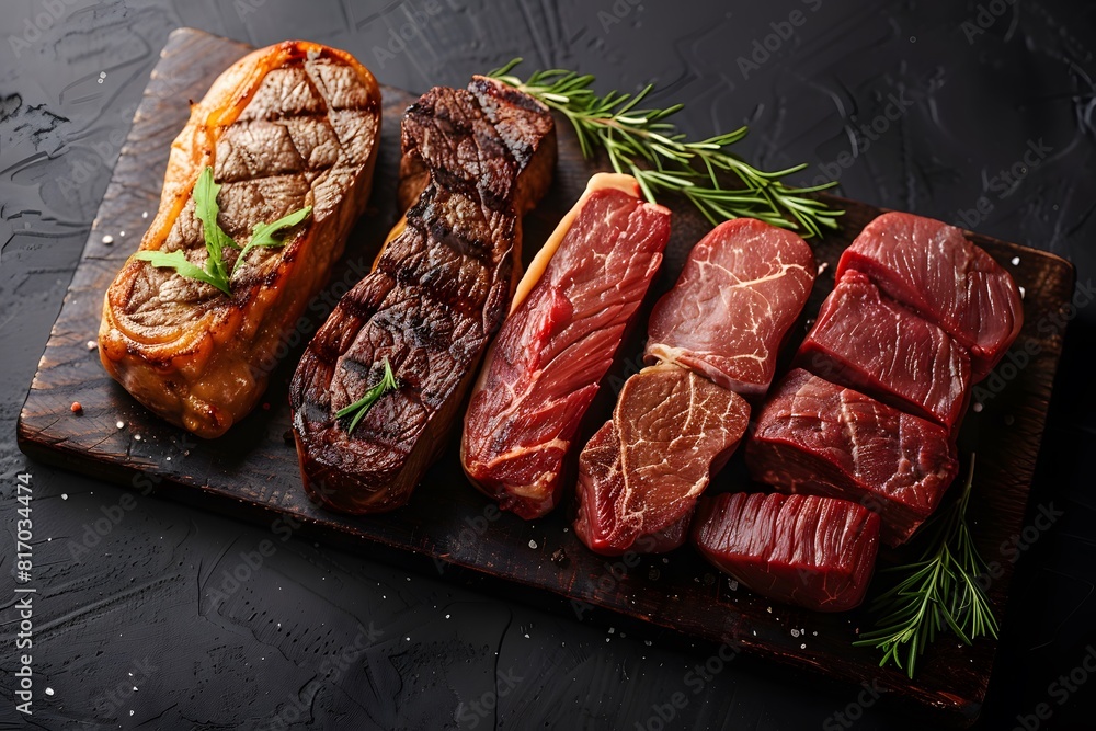 Variety of Gourmet Steaks on Wooden Board with Herbs Variety of Gourmet Steaks on Wooden Board with Herbs