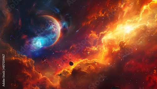 Cataclysmic Cosmic Collision A Spectacular Space Battle Amidst Swirling Nebulae and Exploding Planets