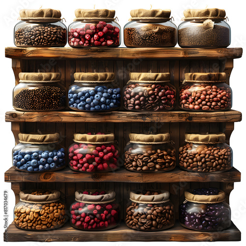 Assorted coffee beans stored in labeled containers on a coffee shop shelf isolated on white background, realistic, png 