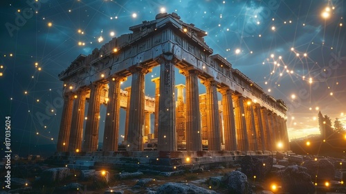 Digital Fusion: Greek Temple Icon Surrounded by Social Media Symbols in Virtual Space