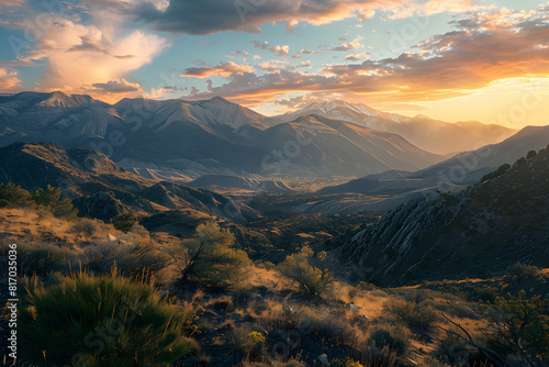 A serene landscape of a mountain range at sunrise  with detailed textures and colors highlighting the natural beauty