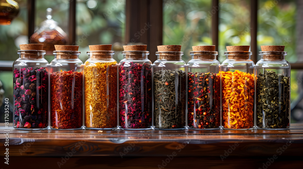 Different varieties of loose leaf teas stored in labeled containers at ...