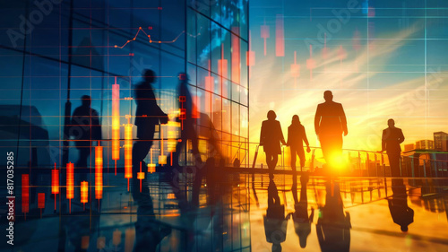 Blurred figures of business professionals with a backdrop of a rising financial chart and sunset, symbolizing hope and growth