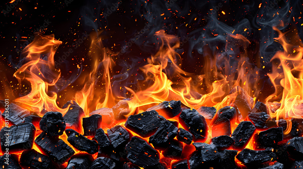 Charcoal For Barbecue Background With Flames Charcoal For Barbecue Background With Flames