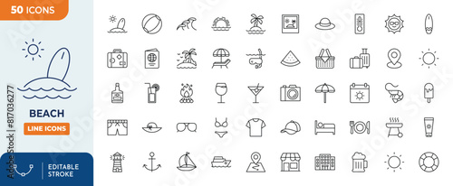 beach line editable icon set. Containing beach, wave, sunset, snorkeling, cocktail, etc. Editable stroke. Vector illustration	
