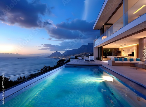 Beautiful modern house with outdoor pool and lounge area overlooking the ocean at dusk in Cape Town, South Africa © Alia
