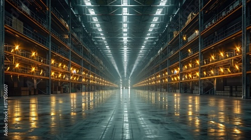 A empty long warehouse with tall shelves on both sides. The shelves are lit up by bright lights.