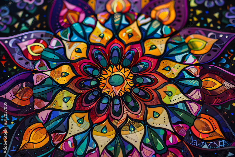 An intricate mandala design filled with vibrant colors and geometric patterns, symbolizing balance and harmony An intricate mandala design filled with vibrant colors and geometric patterns, symbolizing balance and harmony