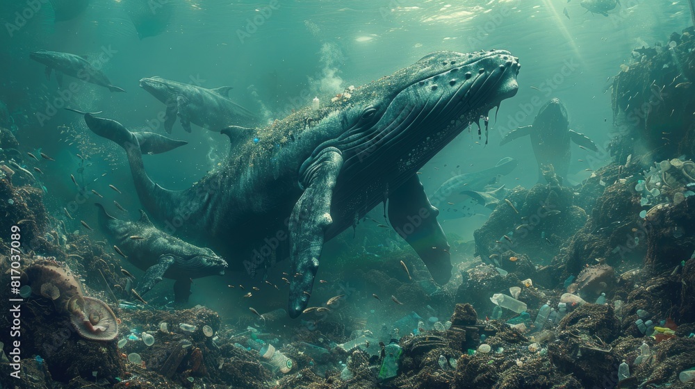 Fototapeta premium A blue whales swims through a sea of plastic trash 