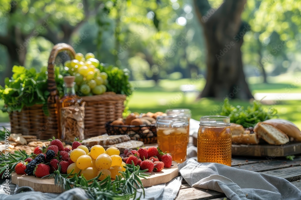 Wicker picnic basket with fruits and juice on white checkered tablecloth on green grass outside in summer park. Advertising photo, summer day concept Wicker picnic basket with fruits and juice on white checkered tablecloth on green grass outside in summer park. Advertising photo, summer day concept