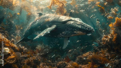 A blue whales swims through a sea of plastic trash 