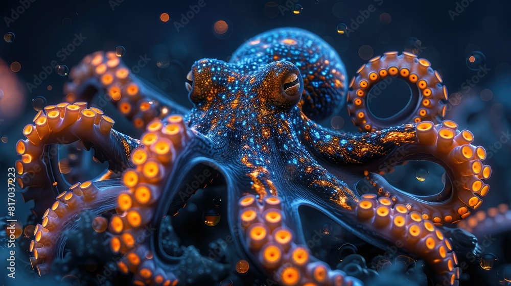 An octopus with a steampunk aesthetic. The octopus is black with orange accents and has glowing blue eyes. An octopus with a steampunk aesthetic. The octopus is black with orange accents and has glowing blue eyes.