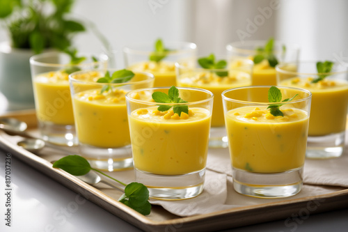 Close-up of creamy yellow sweet corn gazpacho served in multiple glasses, garnished with fresh mint leaves, on a tray.