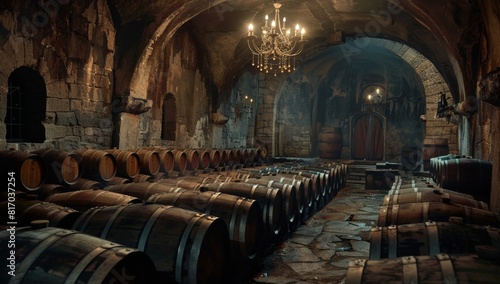 An ancient wine cellar with rows of wooden barrels
