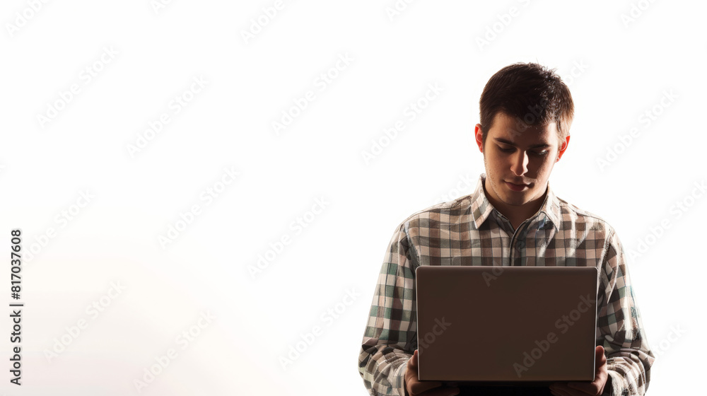 young man with laptop, white background, isolated young man with laptop, white background, isolated