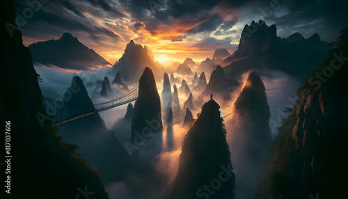 mountainous landscape with multiple suspension bridges connecting peaks shrouded in mist, during a dramatic sunrise. #817037606