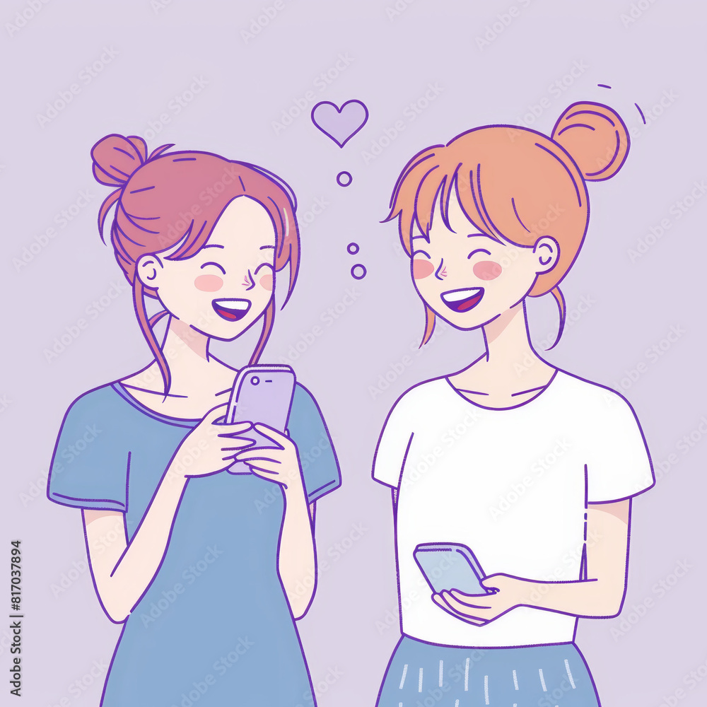 Two Young Women Exchanging Texts and Smiling Over Cute Messages, Dreamy Purple Background Two Young Women Exchanging Texts and Smiling Over Cute Messages, Dreamy Purple Background
