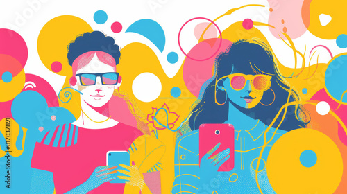 Vibrant digital illustration of two women using smartphones  adorned in colorful abstract patterns and sunglasses  embodying modern communication and stylish urban lifestyle