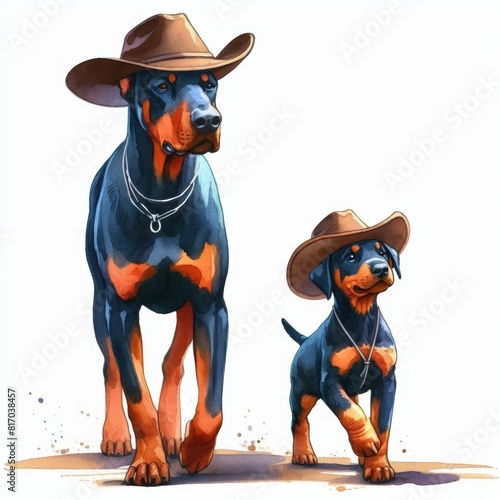 Doberman Pinscher Dog Father and Son  .  Happy Father's Day  Watercolor Clip Art. Greeting Postcard Art Cute Cartoon Character Drawing Illustration. For Dad and kids