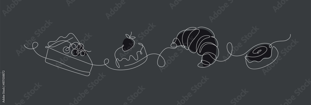 Bakery desserts cake, croissant, cupcake linear style silhouette drawing on black background