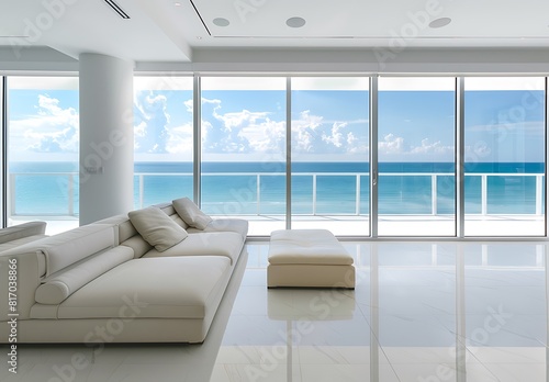 Beautiful modern living room with glass doors to the ocean in Miami  minimalistic style and white walls  sofa facing camera  wide angle lens  Nikon D850 DSLR camera with an aperture of f 4 ISO 239 v6