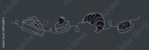 Obraz na płótnie Bakery desserts cake, croissant, cupcake linear style silhouette drawing on black background w salonie