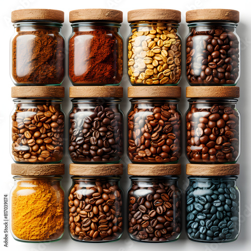 Assorted coffee beans stored in labeled containers on a coffee shop shelf isolated on white background, realistic, png 