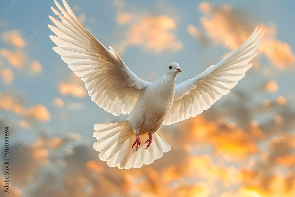 Obraz premium Majestic White Dove Flying Against a Stunning Sunset Sky