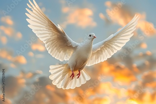 Majestic White Dove Flying Against a Stunning Sunset Sky