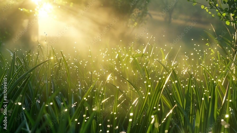 3D illustration of transparent grass with morning dew, set in a natural landscape with a foggy background and soft sunlight filtering through