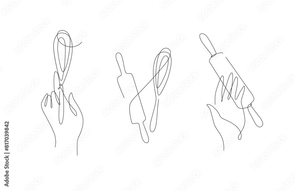 Bakery tools hand with whisk and rolling pin illustration drawing on white background