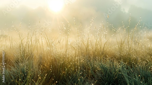 3D illustration of transparent grass with morning dew  set in a natural landscape with a foggy background and soft sunlight filtering through