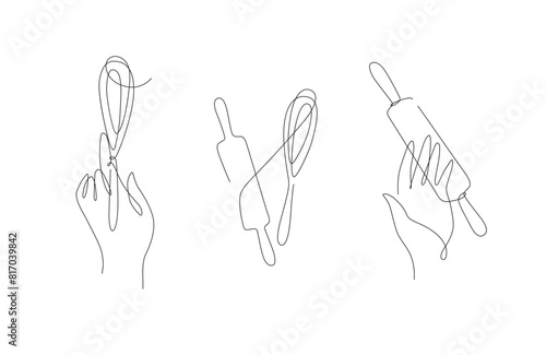 Obraz na płótnie Bakery tools hand with whisk and rolling pin illustration drawing on white background w salonie