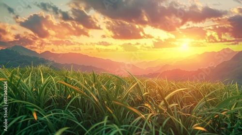 Digital rendering of a lush grassy field with transparent grass elements  set against a backdrop of distant mountains and a vibrant sunset