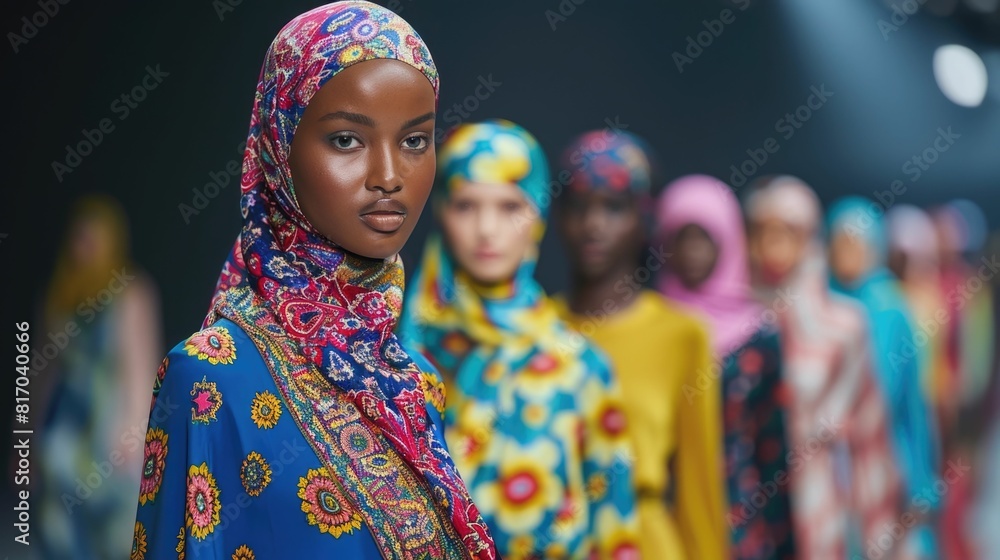 Fototapeta premium Vibrant Hijab Fashion Trends Showcased on Runway with Diverse Models Displaying Elegant Modest Wear Designs