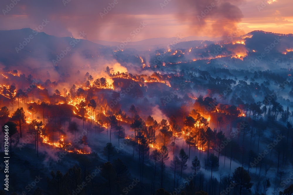 Dramatic Wildfire at Night in Dense Forest Landscape