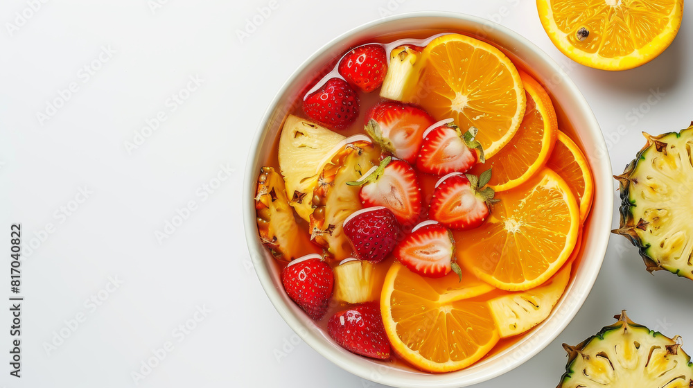 A bowl of fruit with strawberries, oranges, and pineapple A bowl of fruit with strawberries, oranges, and pineapple